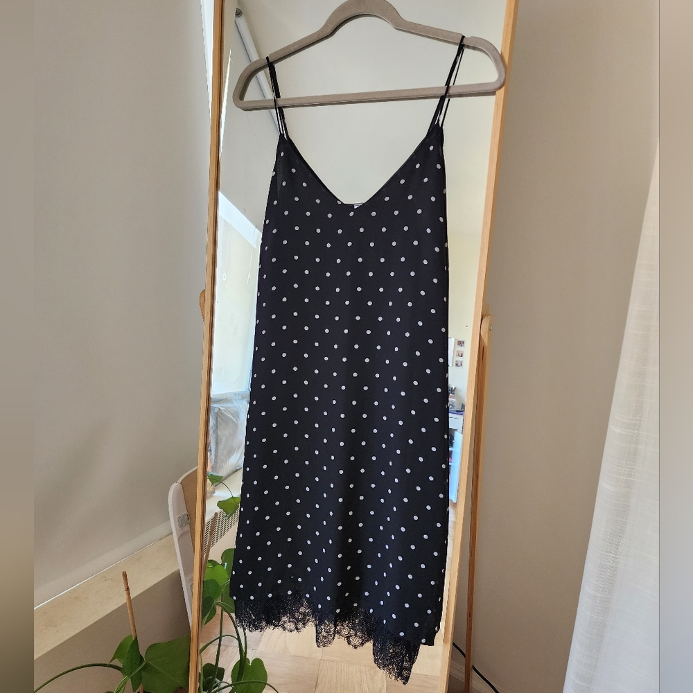 Black Midi Dress with White Polka Dots and Black Lace Trim